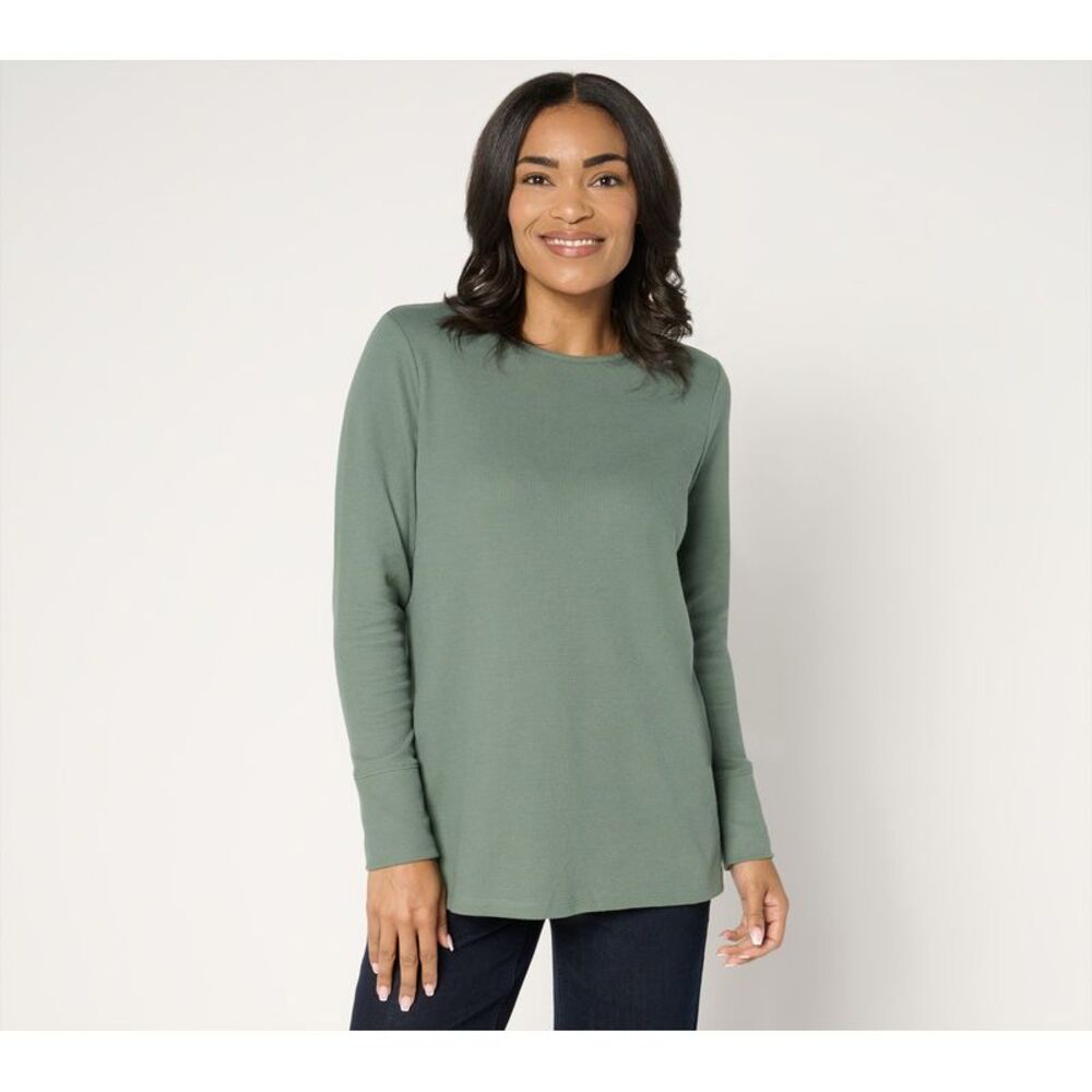 Denim & Co. Women's Top Sz L Waffle Knit Crew Neck Long Sleeve Green